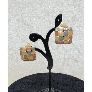 Vintage Clip On Woven Patchwork Multicolor Earrings